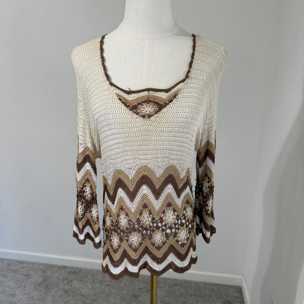 Vintage Silk Blend Crochet Knit Top Sweater Bell Sleeve Cream Brown Small 70s - Picture 1 of 10